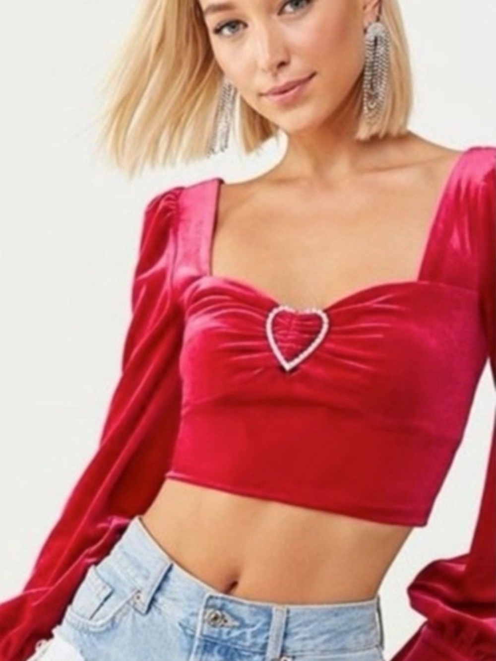 Forever 21 Hot Red Velvet Heart-Embellished Crop Top